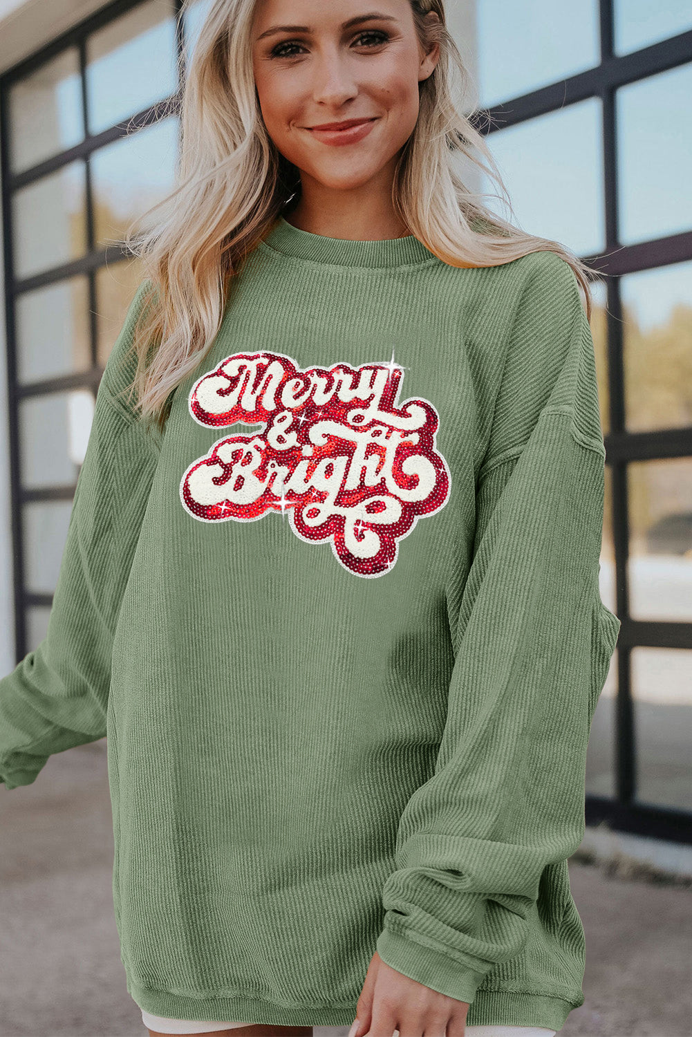 Grass Green Merry & Bright Sequin Ribbed Crew Neck Sweatshirt Graphic Sweatshirts JT's Designer Fashion