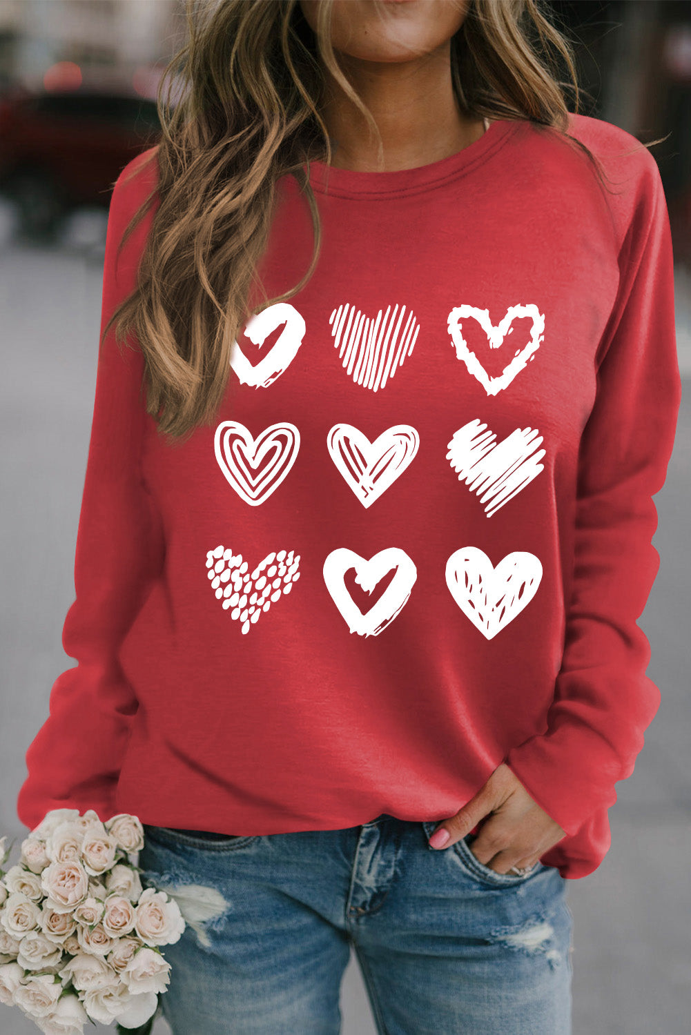 Fiery Red Hearts Print Crewneck Long Sleeve Sweatshirt Graphic Sweatshirts JT's Designer Fashion