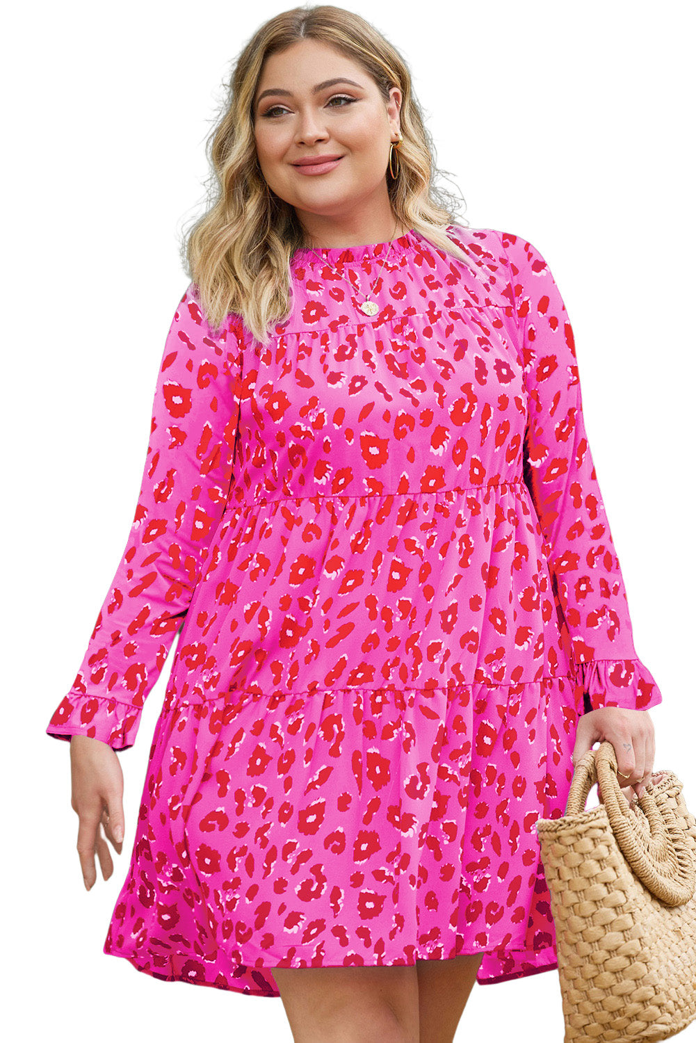 Strawberry Pink Leopard Print Ruffle Long Sleeve Plus Size Mini Dress Plus Size JT's Designer Fashion