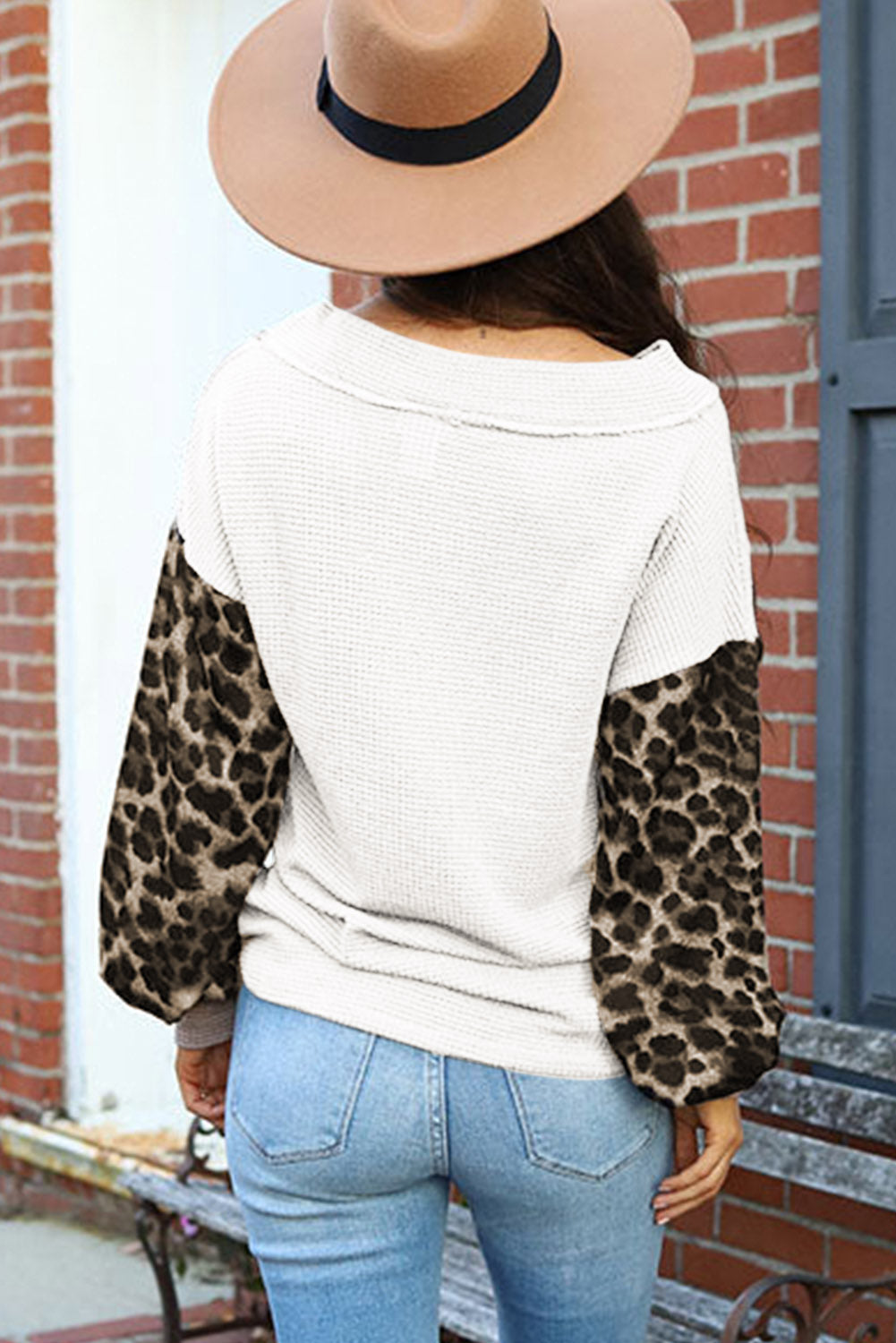 Apricot Wild Leopard Contrast Sleeve Colorblock Waffle Knit Top Long Sleeve Tops JT's Designer Fashion