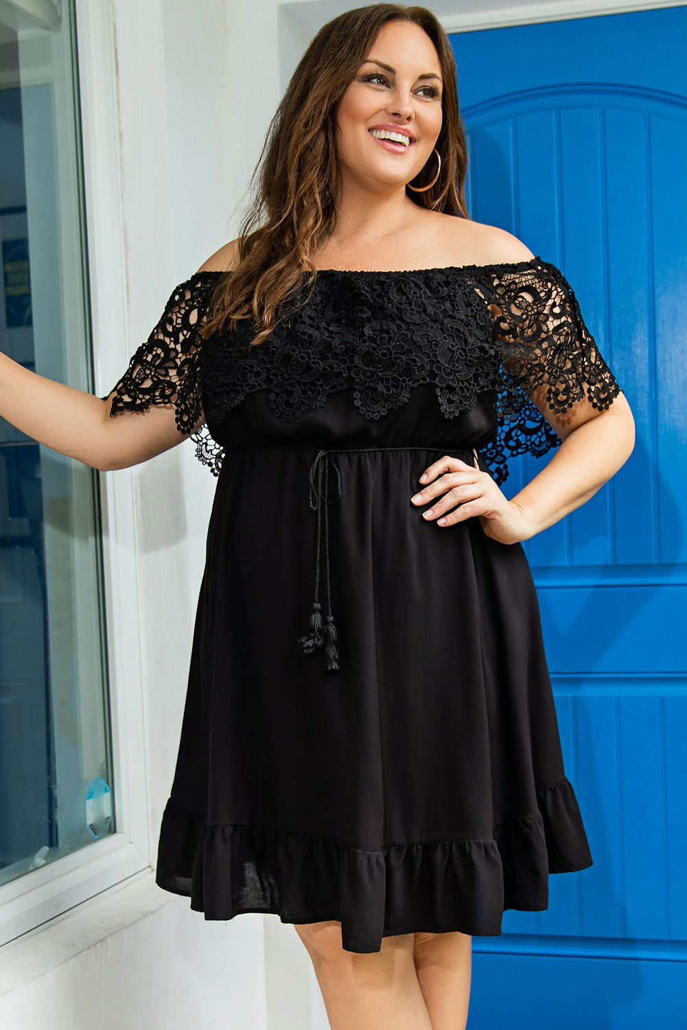 Black Off-the-shoulder Lace Sleeves Plus size Dress Black 100%Viscose Plus Size Dresses JT's Designer Fashion