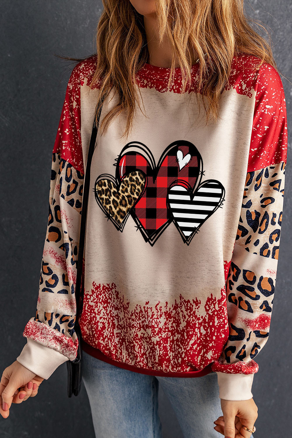 Red Heart Leopard Plaid Striped Bleached Graphic Sweatshirt Graphic Sweatshirts JT's Designer Fashion