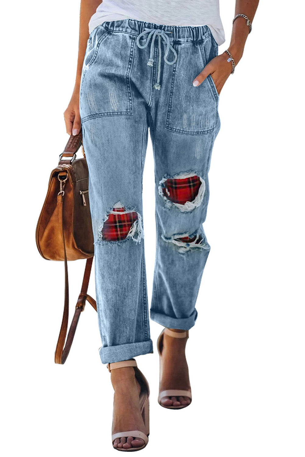 Plaid Patches Cotton Pocketed Denim Jeans Jeans JT's Designer Fashion