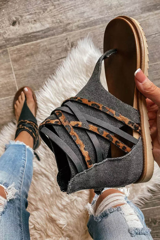 Black Leopard Strappy Canvas Sparta Sandals Sandals JT's Designer Fashion