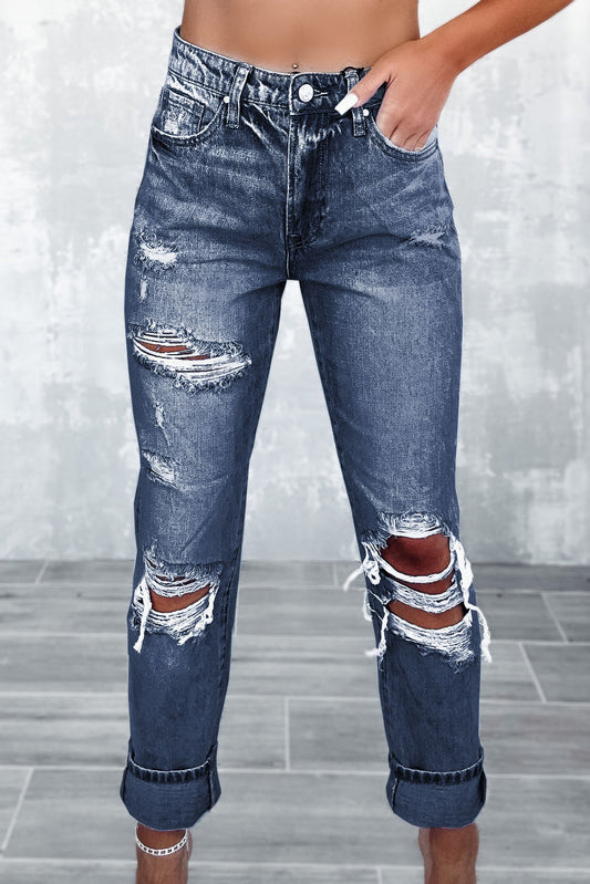 Navy Blue Light Wash Frayed Slim Fit High Waist Jeans Bottoms JT's Designer Fashion