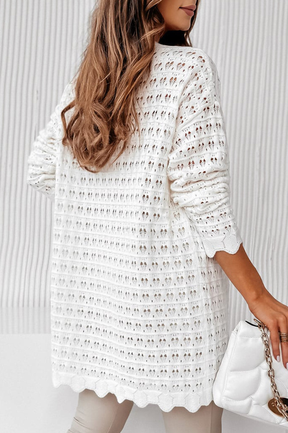 White Wavy Trim Open Knit Long Sleeve Cardigan Pre Order Sweaters & Cardigans JT's Designer Fashion