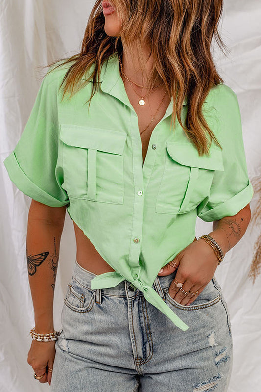 Green Sharp Hemline Tie Knot Short Sleeve Shirt Blouses & Shirts JT's Designer Fashion