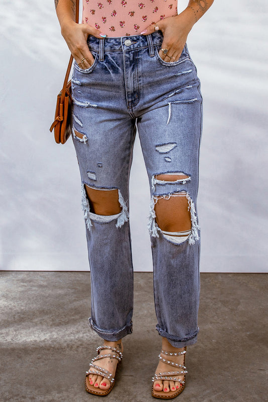 Sky Blue Big Hole Cutout Open Knee Distressed Jeans Jeans JT's Designer Fashion