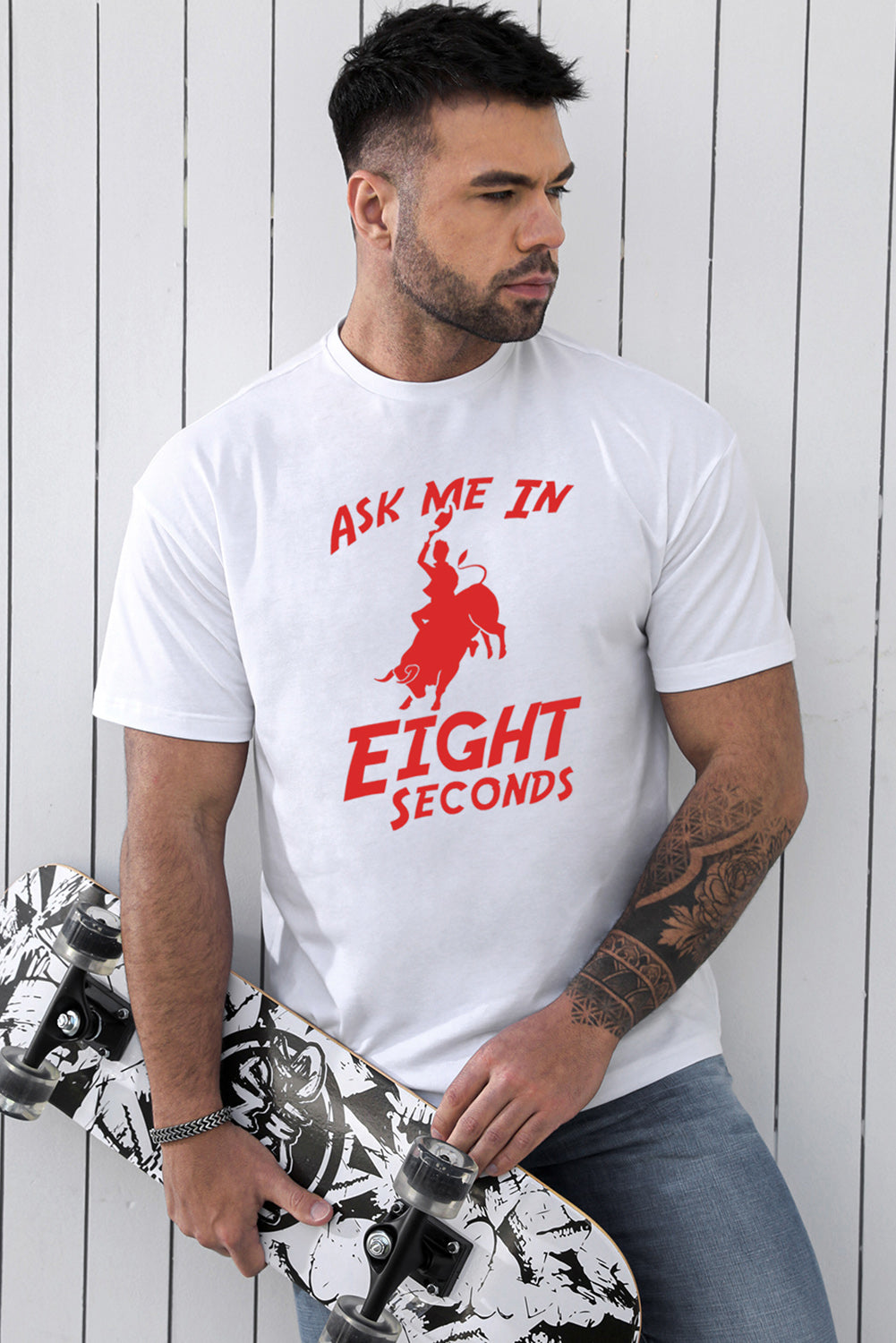 White Ask Me In Eight Second Cowboy Graphic Print Men's T Shirt Men's Tops JT's Designer Fashion