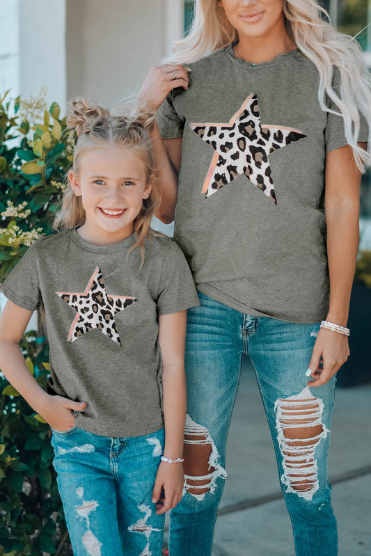 Gray Leopard Star Print Crew Neck Short Sleeve T Shirt Gray 95%Cotton+5%Elastane Family T-shirts JT's Designer Fashion