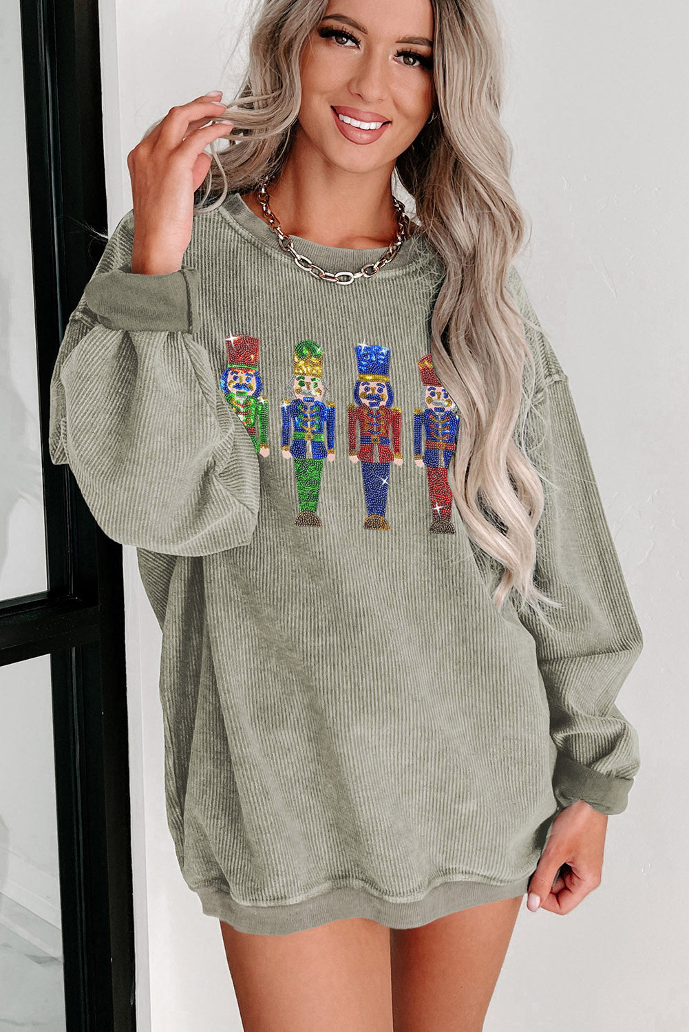 Green Sequined Nutcracker Doll Corded Baggy Sweatshirt Graphic Sweatshirts JT's Designer Fashion