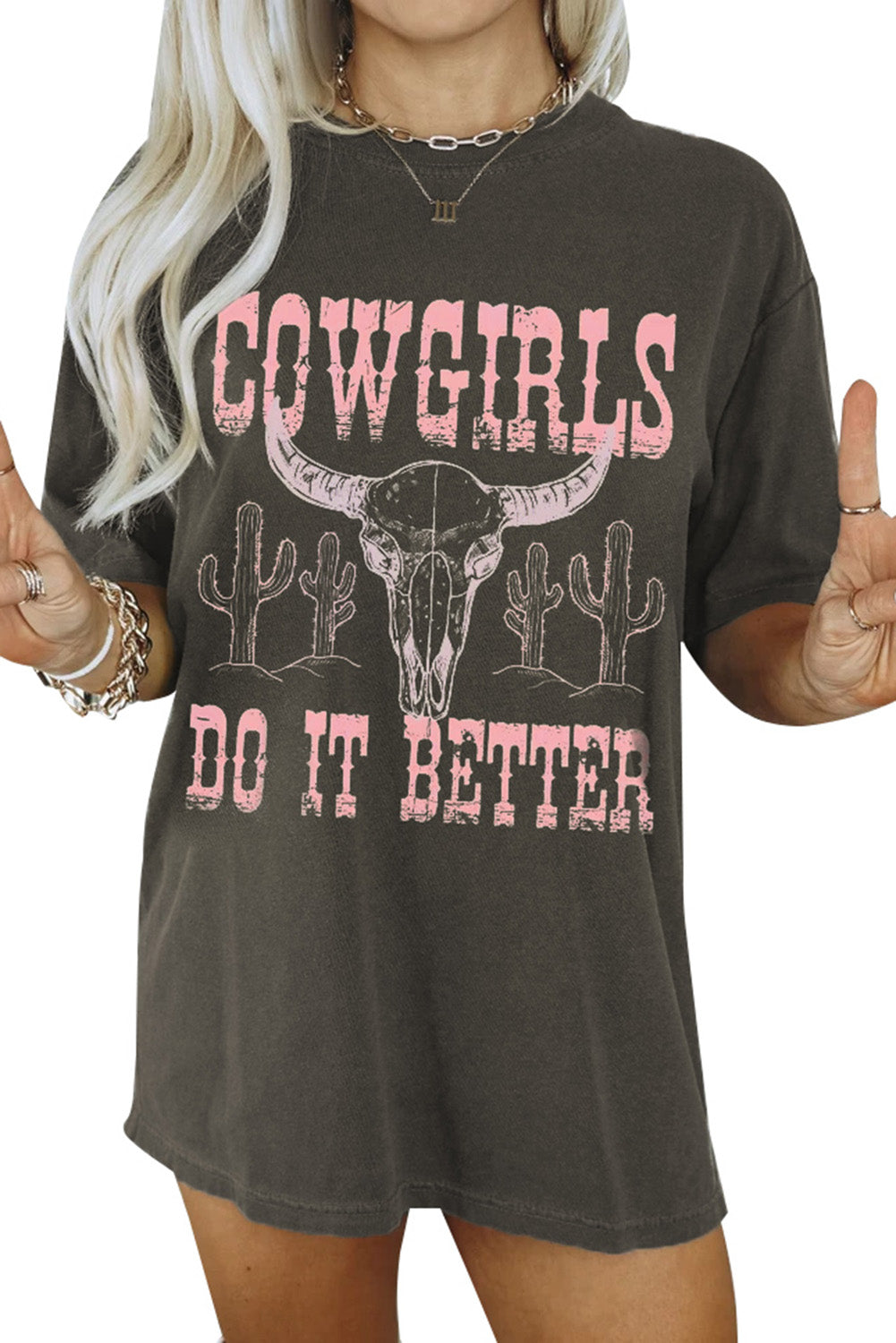 Gray COWGIRLS DO IT BETTER Graphic Print Oversized T Shirt Tops & Tees JT's Designer Fashion