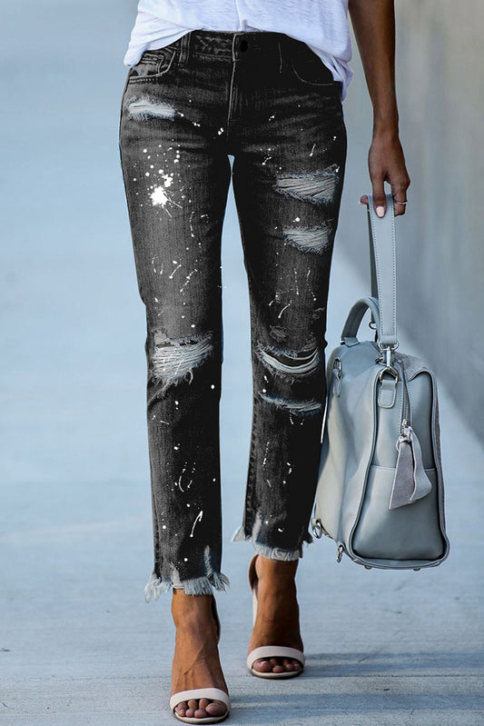 Black Ink Splash Distressed Skinny Jeans Jeans JT's Designer Fashion