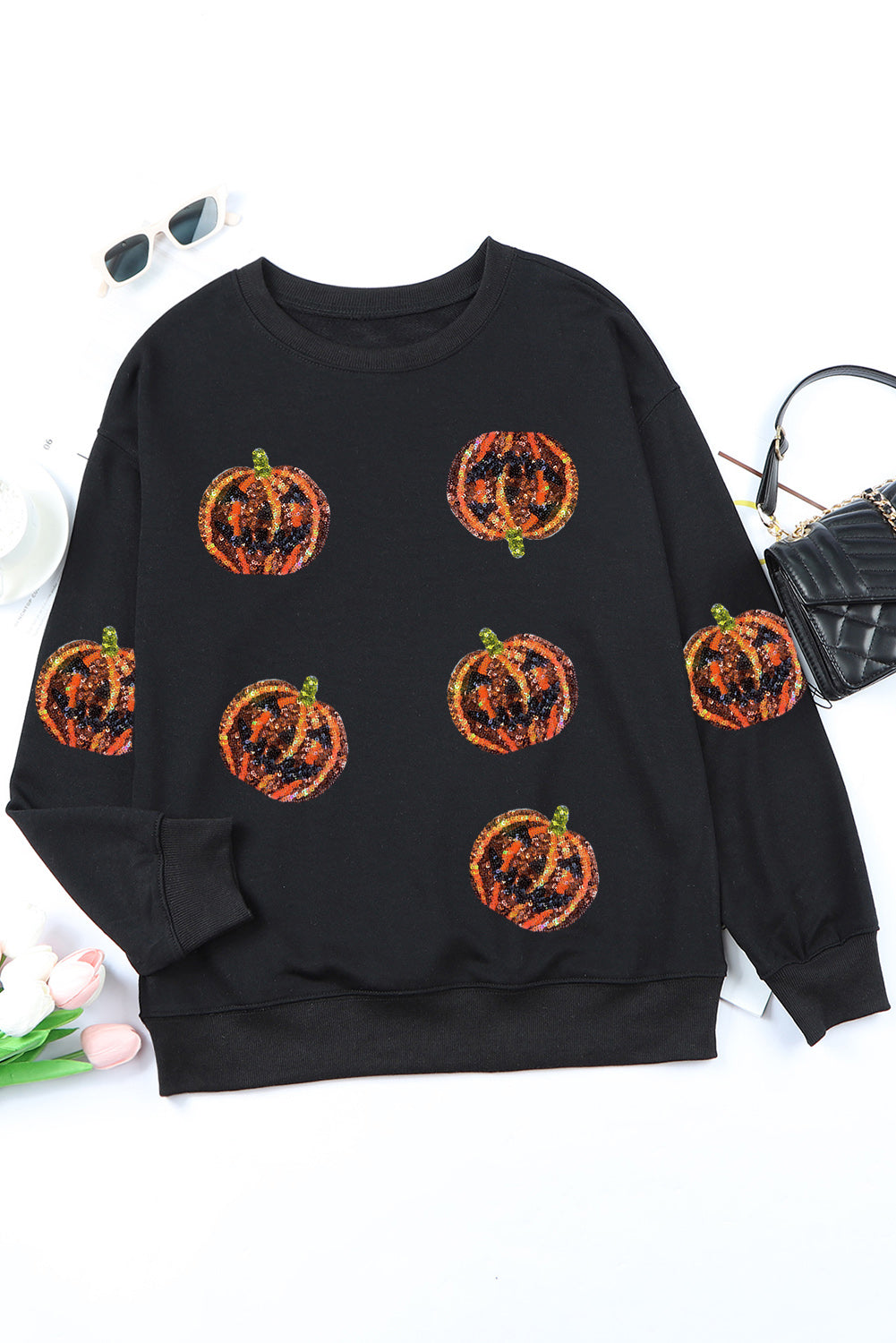 Black Sequin Halloween Pumpkin Graphic Pullover Sweatshirt Graphic Sweatshirts JT's Designer Fashion