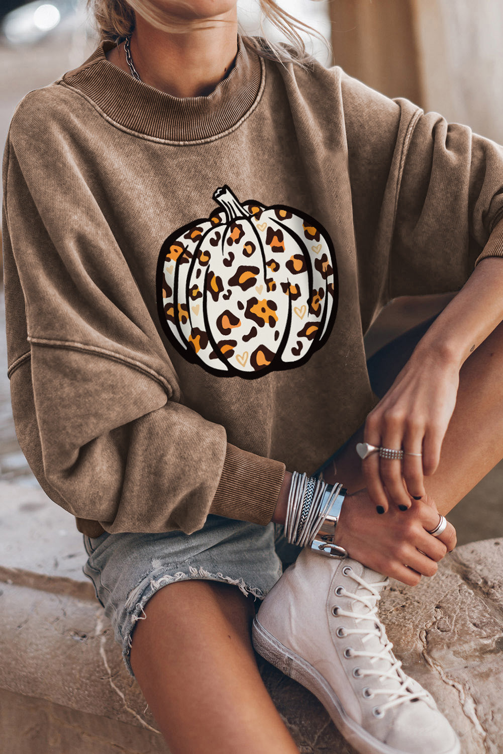 Brown Leopard Pumpkin Graphic Drop Shoulder Sweatshirt Graphic Sweatshirts JT's Designer Fashion