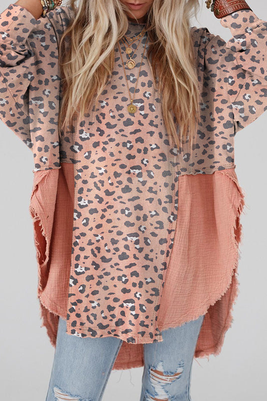 Pink Raw Edge Leopard Patchwork Oversized Blouse