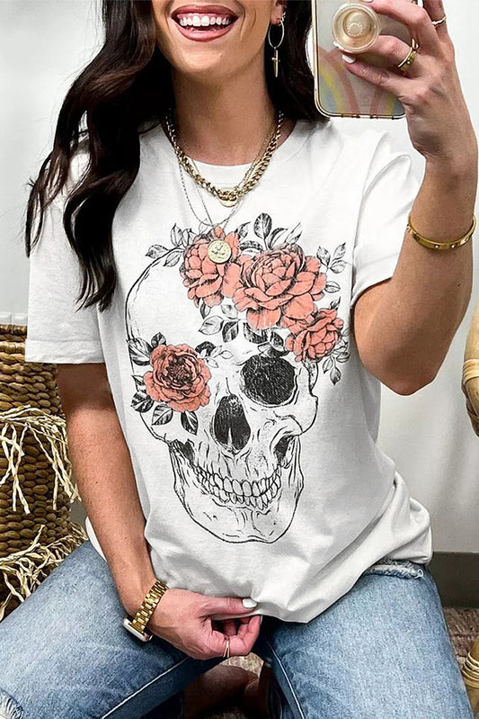 White Skull Flower Oversized Graphic Tee White 95%Polyester+5%Spandex Graphic Tees JT's Designer Fashion