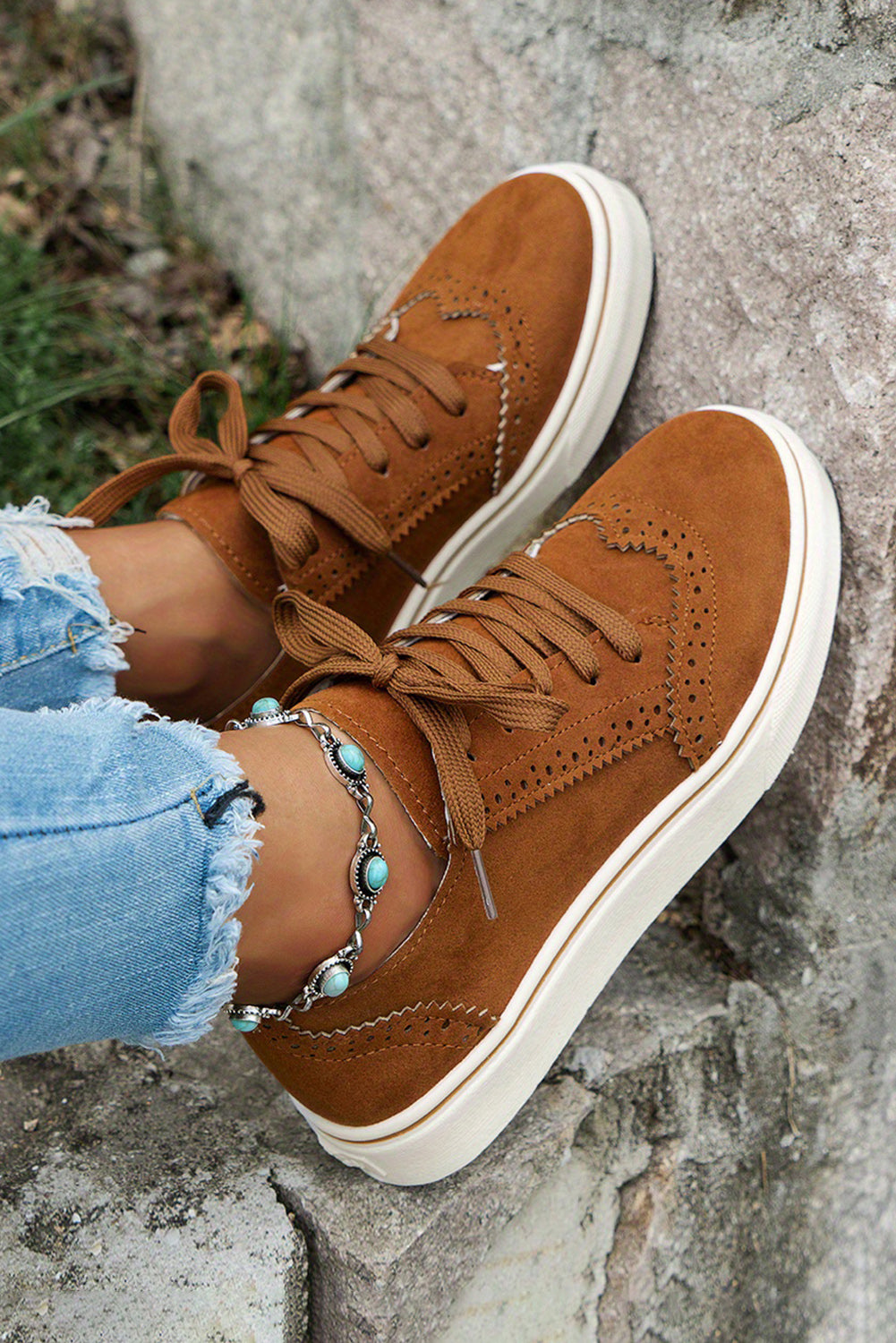 Chestnut Suede Eyelet Lace-Up Casual Sneakers Women's Shoes JT's Designer Fashion