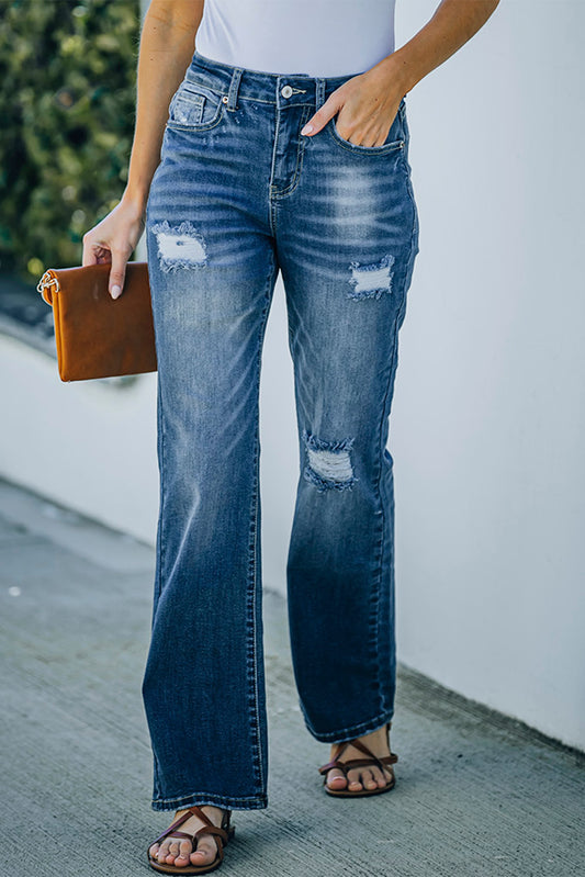 Blue High Rise Washed Distressed Flare Jeans Blue 98%Cotton+2%Elastane Jeans JT's Designer Fashion
