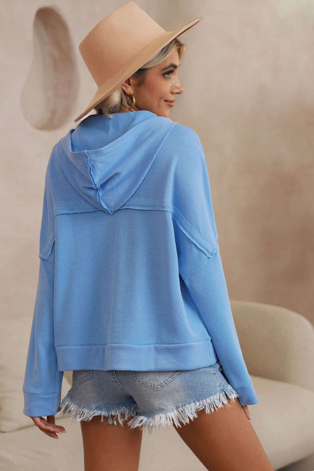 Sky Blue Casual Button Solid Patchwork Trim Hoodie Sweatshirts & Hoodies JT's Designer Fashion