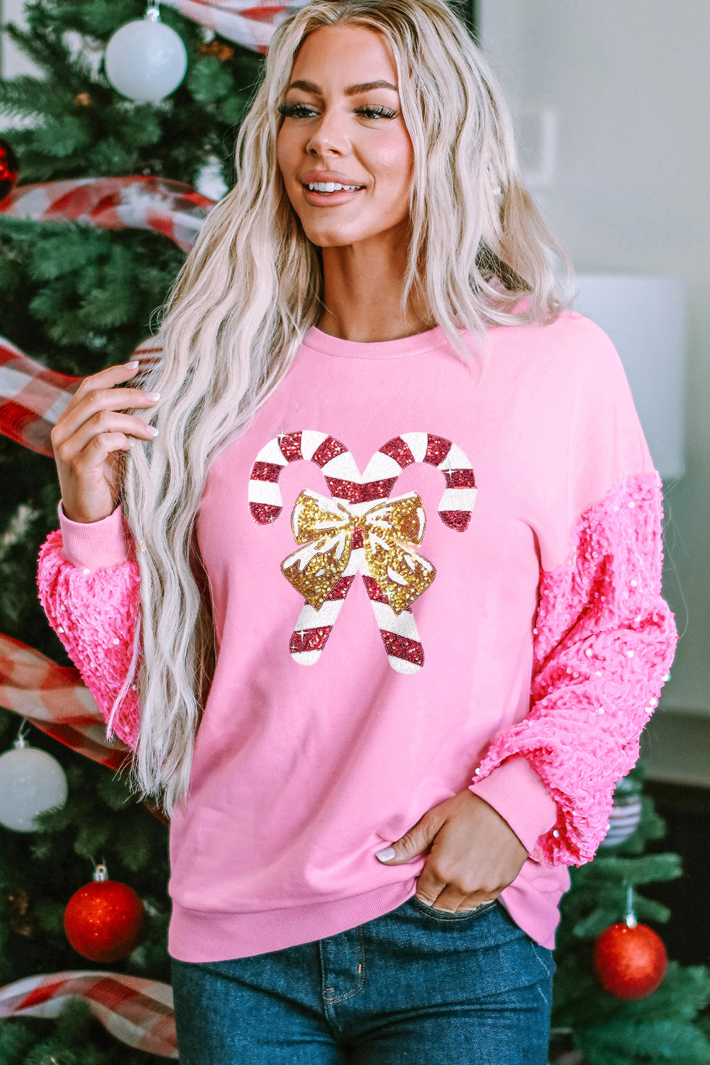 Pink Christmas Pattern Sequin Sleeve Crewneck Sweatshirts Pink 65%Polyester+35%Cotton Graphic Sweatshirts JT's Designer Fashion