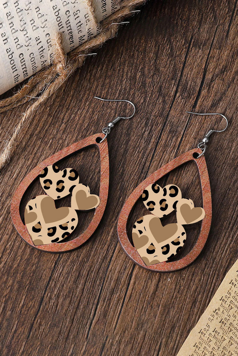 Coffee Leopard Heart Shape Hollowed Drop Earrings Jewelry JT's Designer Fashion