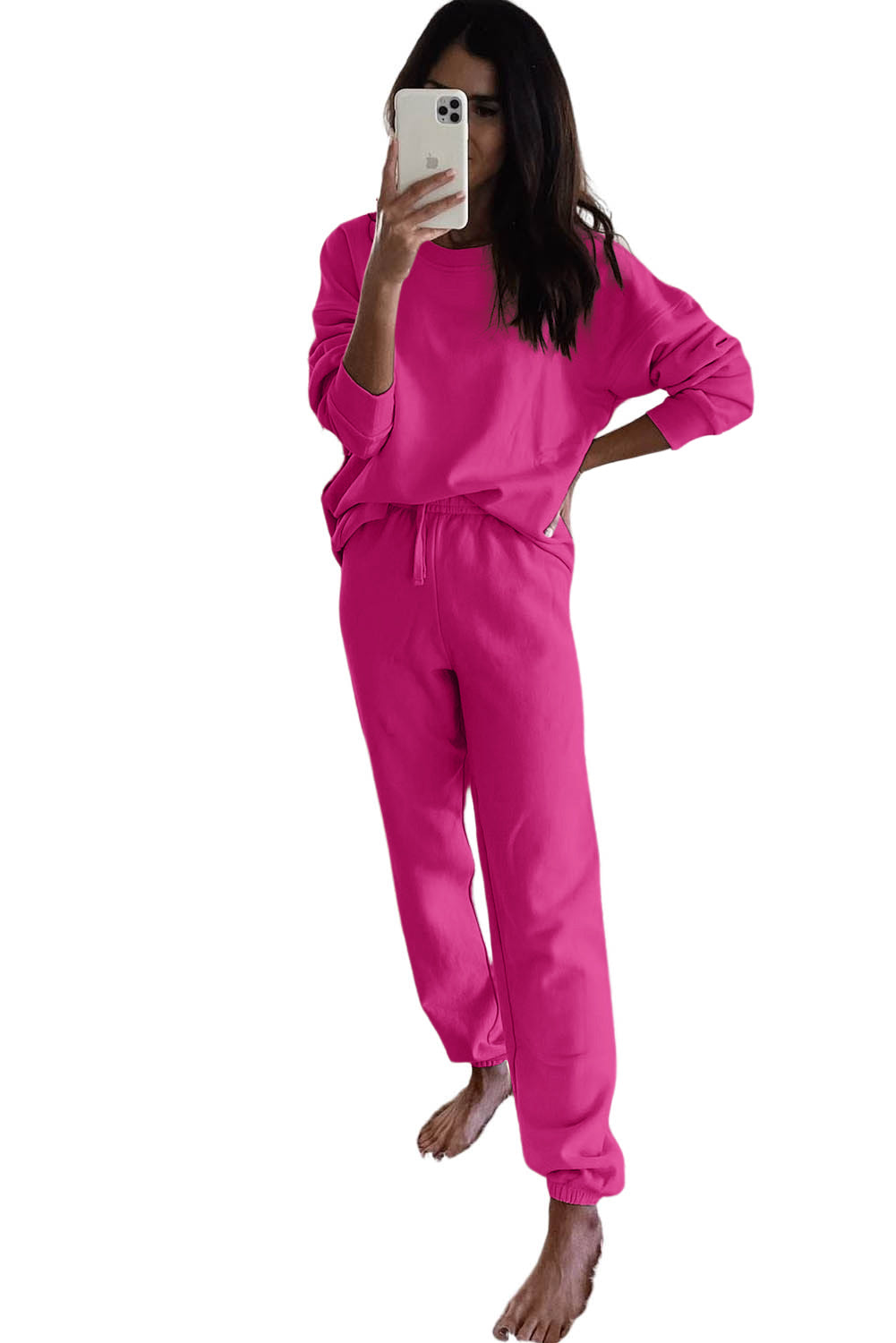 Rose Red Long Sleeve Top and Drawstring Pants Lounge Outfit Loungewear JT's Designer Fashion
