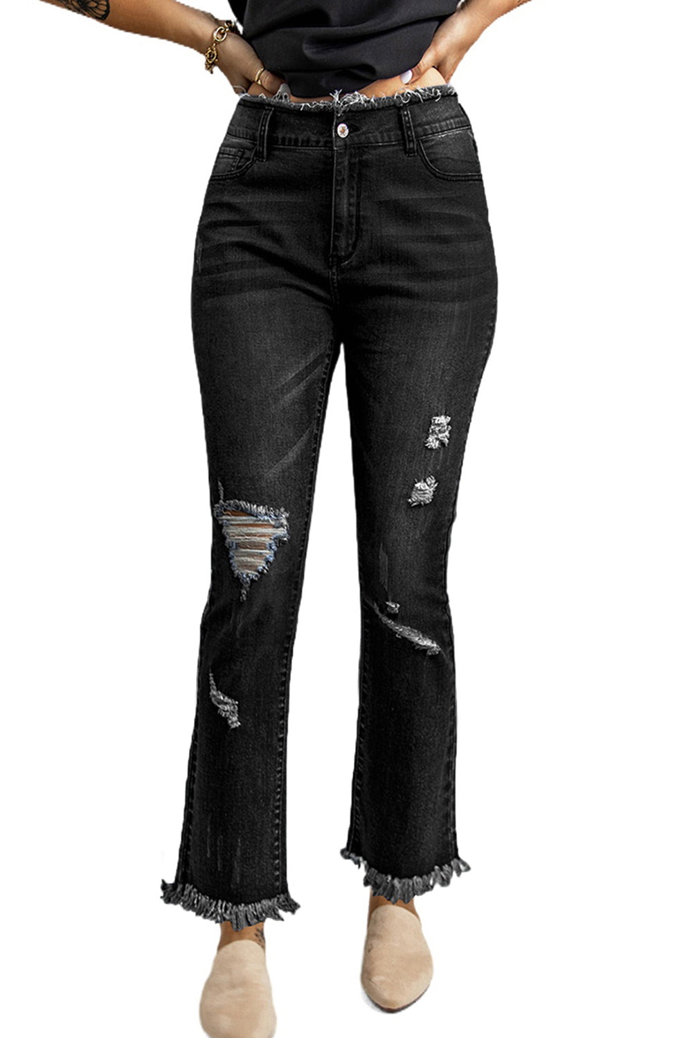 Black Frayed Ripped High Waist Flare Jeans Jeans JT's Designer Fashion
