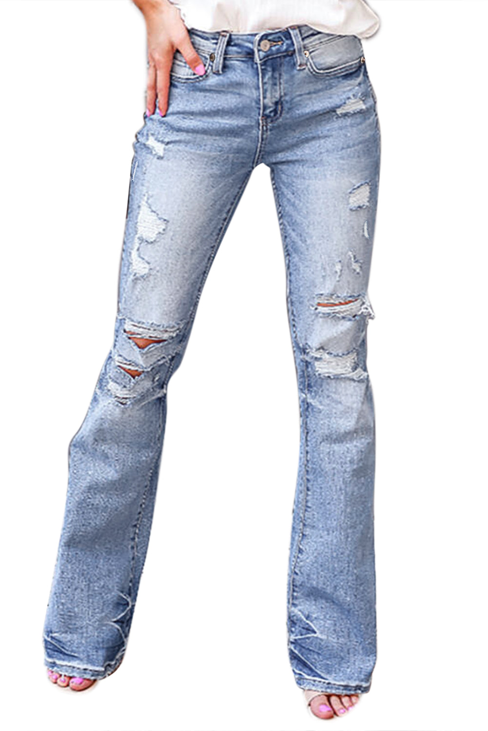 Sky Blue Distressed Mid Waist Ripped Flare Jeans Jeans JT's Designer Fashion