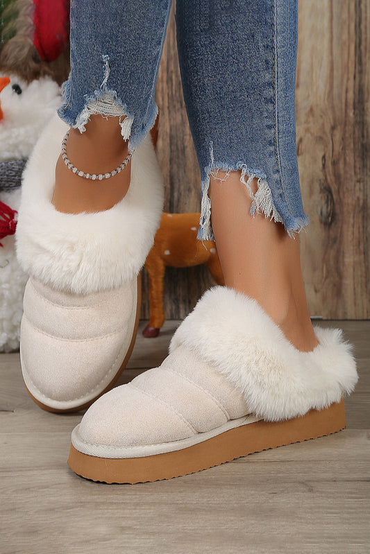 White Plush Suede Patchwork Thick Sole Slippers Slippers JT's Designer Fashion