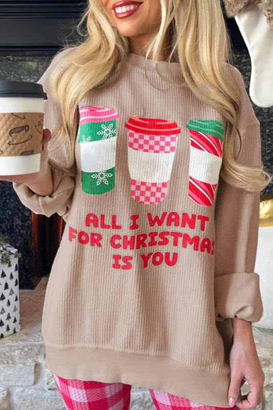 Apricot All I Want For Christmas Is You Ribbed Pullover Sweatshirt Apricot 100%Polyester Graphic Sweatshirts JT's Designer Fashion