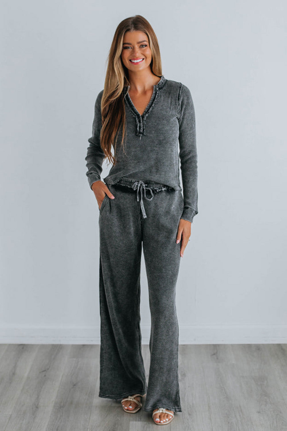 Dark Grey Mineral Washed Frayed Henley Top 2pcs Pants Outfit Loungewear JT's Designer Fashion
