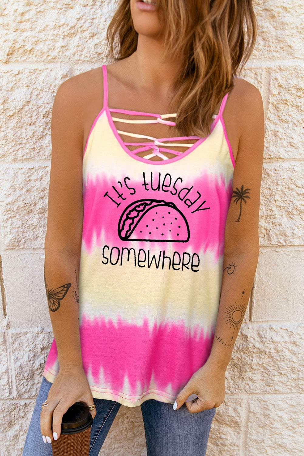 Rose It's Tuesday Somewhere Taco Graphic Tie Dye Tank Rose 95%Polyester+5%Spandex Graphic Tees JT's Designer Fashion
