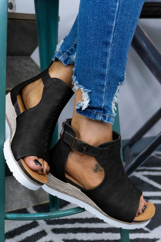 Black Cutout Buckle Strap Platform Sandals Sandals JT's Designer Fashion