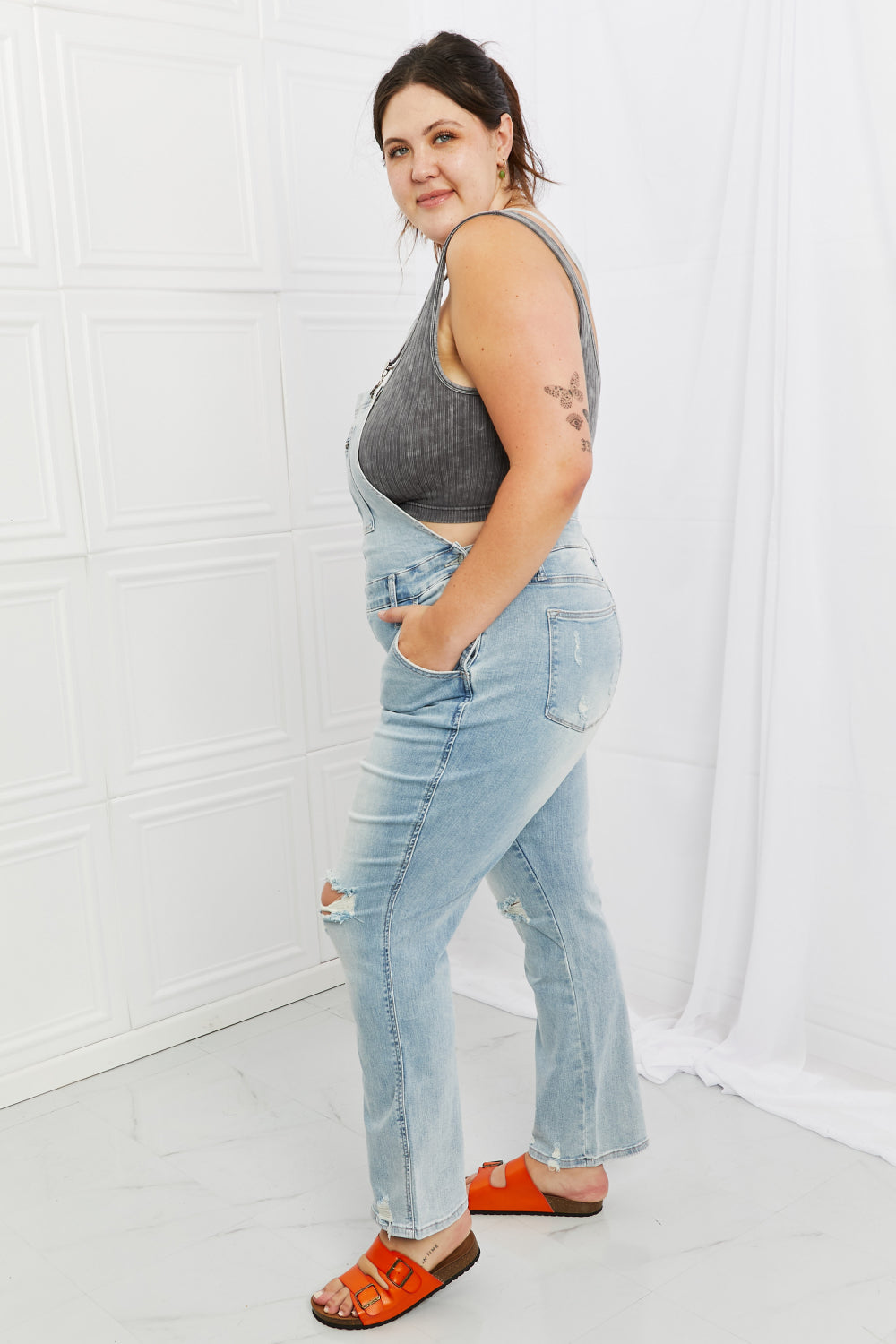 Judy Blue Melina Full Size Distressed Straight Leg Overalls Jeans JT's Designer Fashion