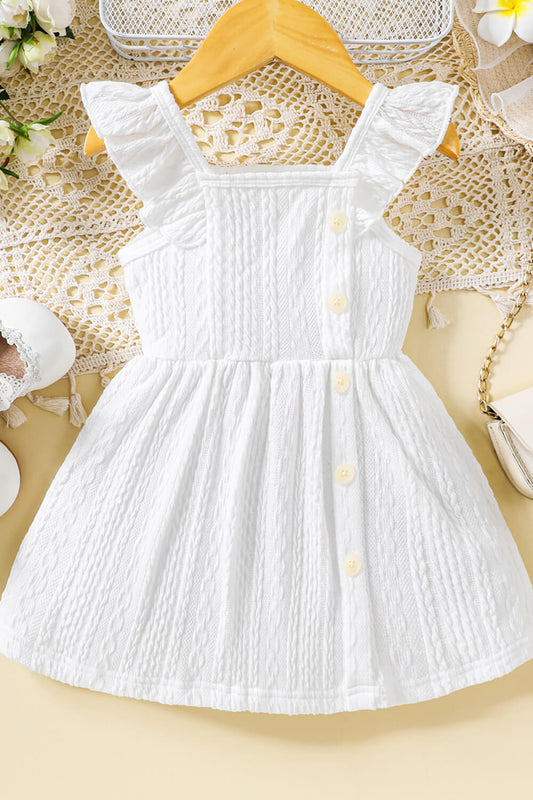 Baby Girl Decorative Button Ruffle Shoulder Textured Dress White Girls Dresses JT's Designer Fashion