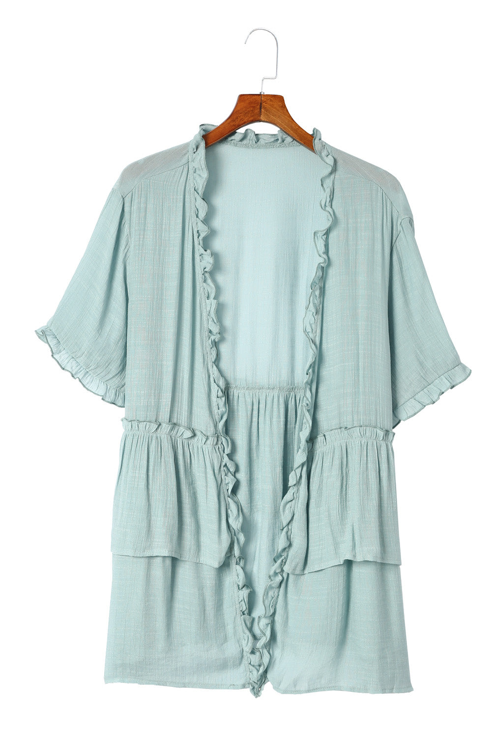 Green Ruffled Trim Half Sleeve Open Front Kimono Kimonos JT's Designer Fashion