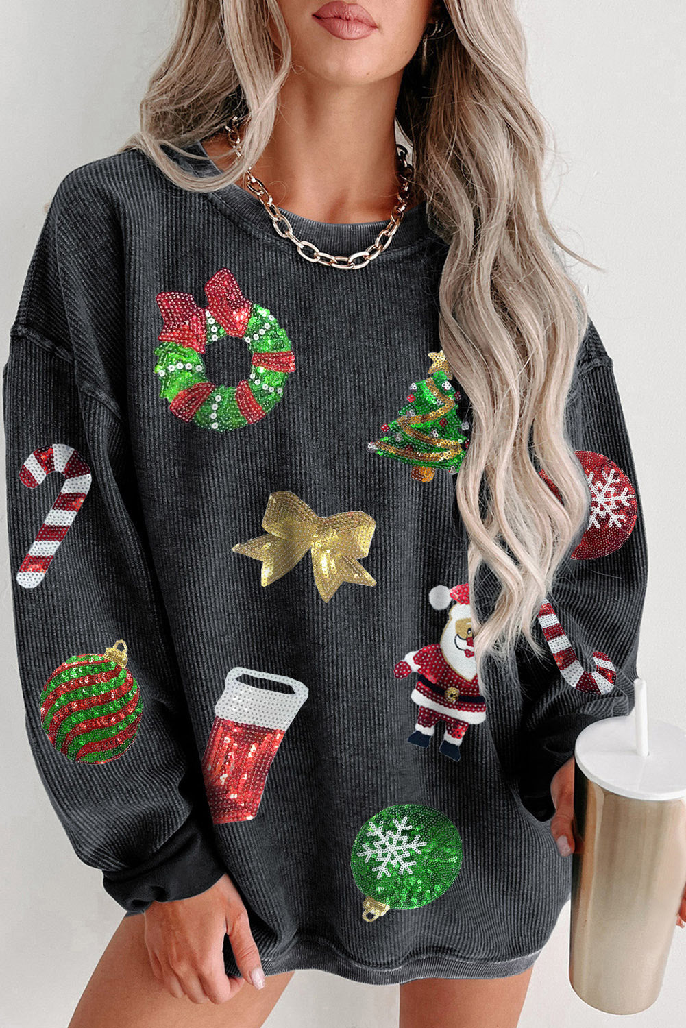 Black Sequined Christmas Graphic Corded Sweatshirt Graphic Sweatshirts JT's Designer Fashion