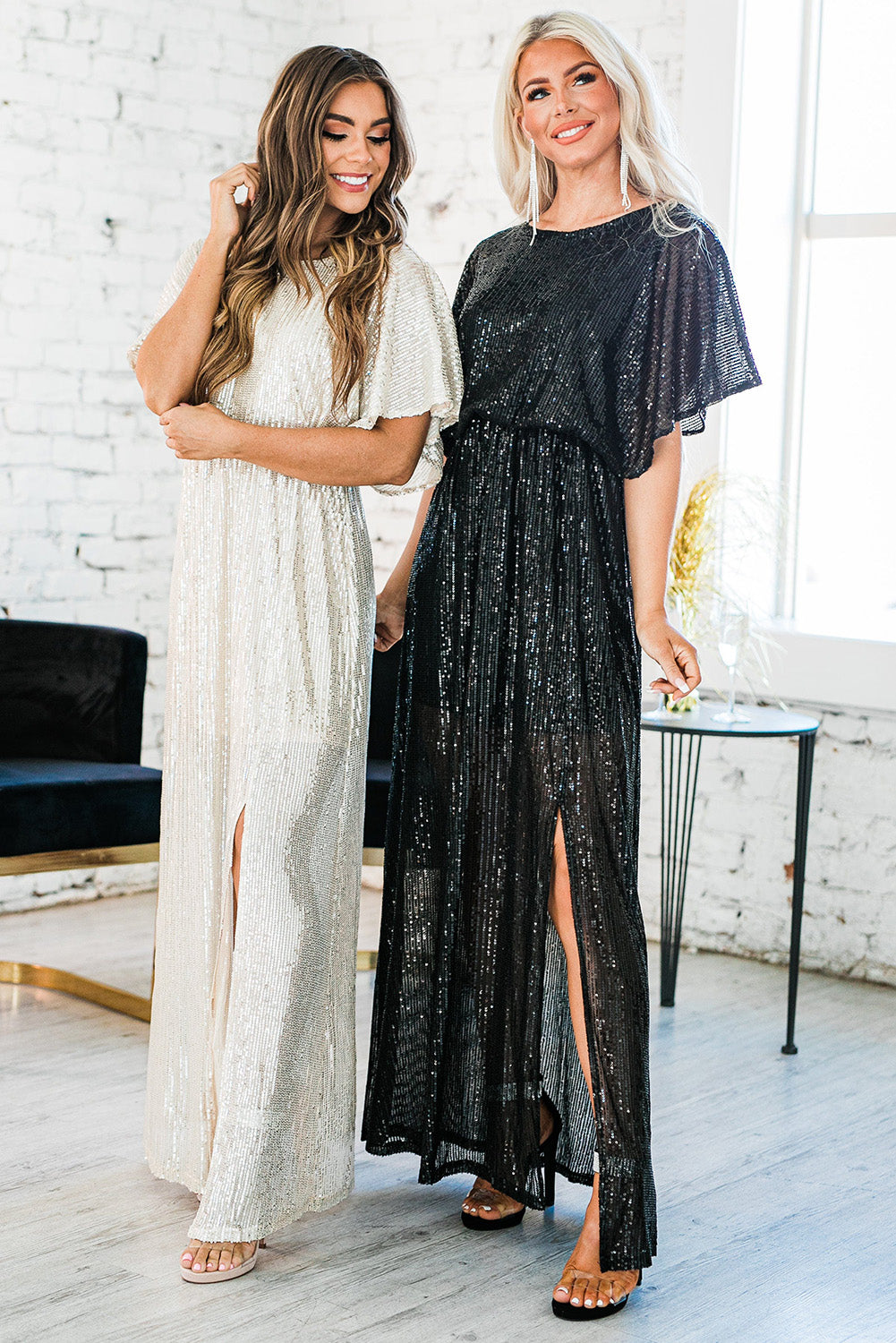 Black Side Slit Crew Neck Sequin Maxi Dress Sequin Dresses JT's Designer Fashion