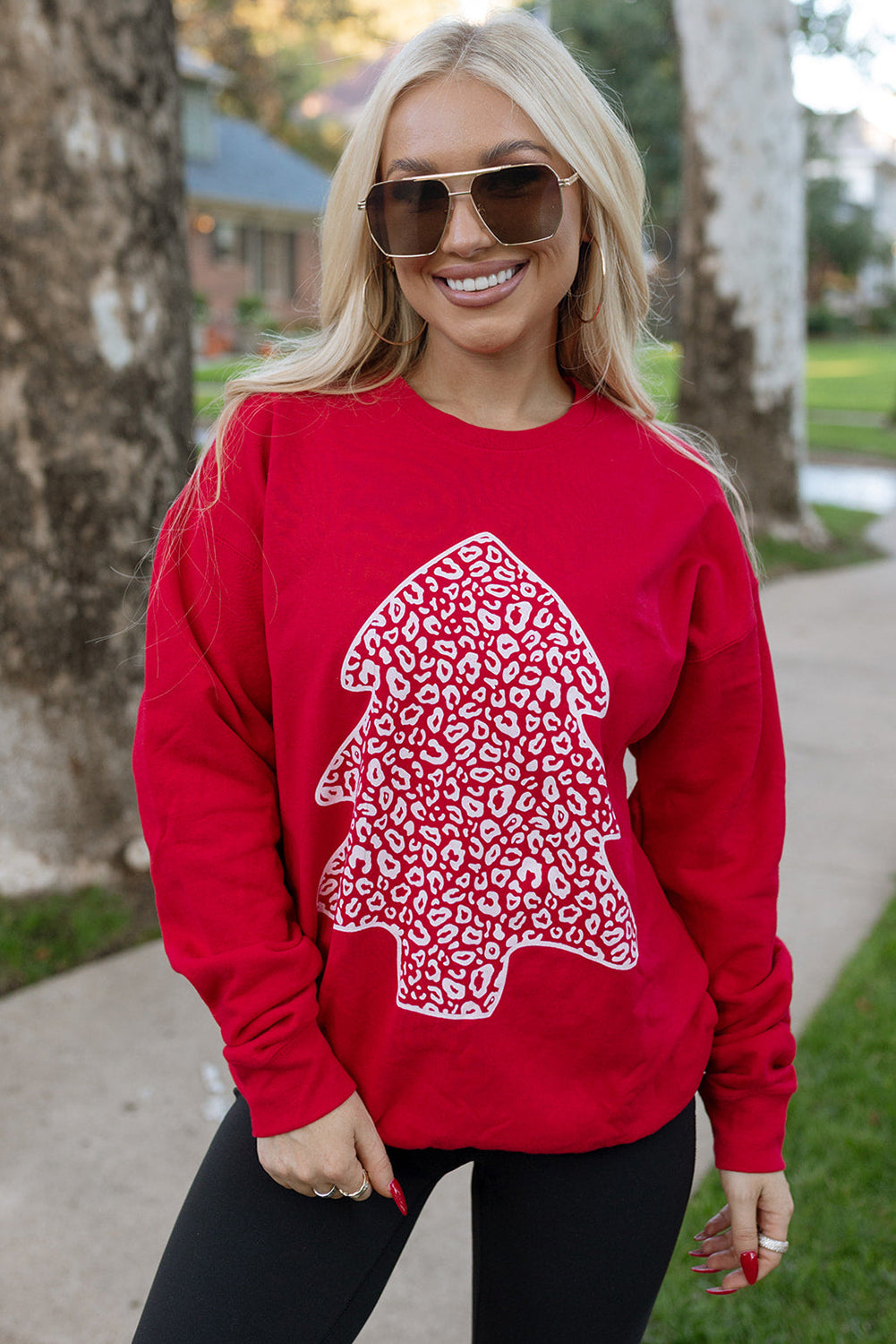 Red Leopard Christmas Tree Print Pullover Sweatshirt Graphic Sweatshirts JT's Designer Fashion
