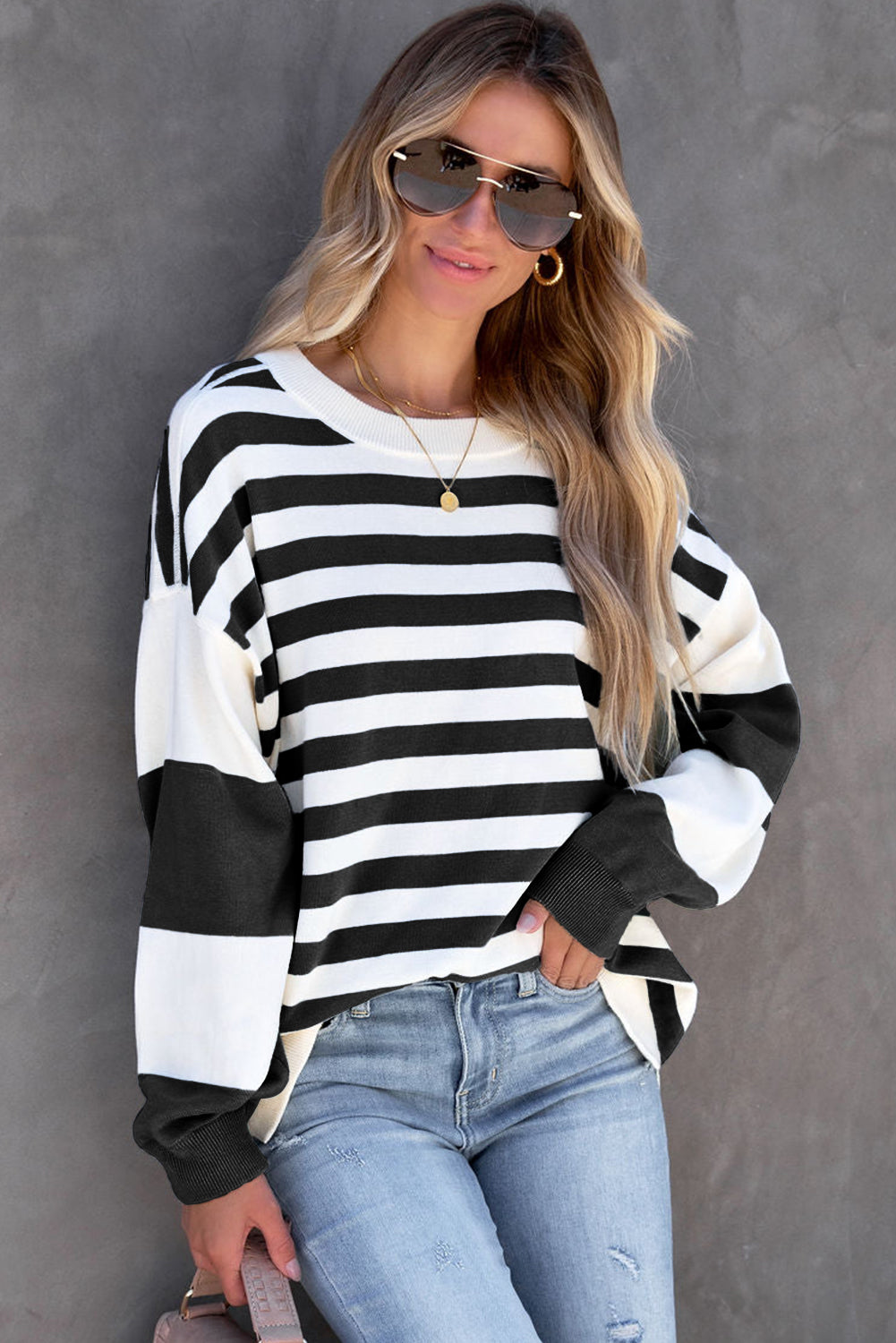 Black Stripe Drop Shoulder Striped Pullover Sweatshirt Sweatshirts & Hoodies JT's Designer Fashion