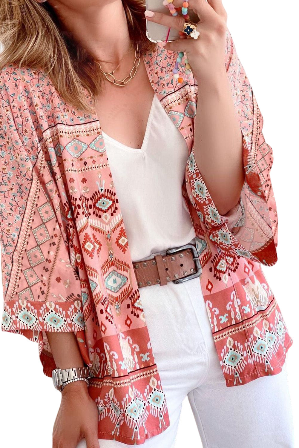 Pink Floral Aztec Print 3/4 Sleeve Open Front Kimono Kimonos JT's Designer Fashion