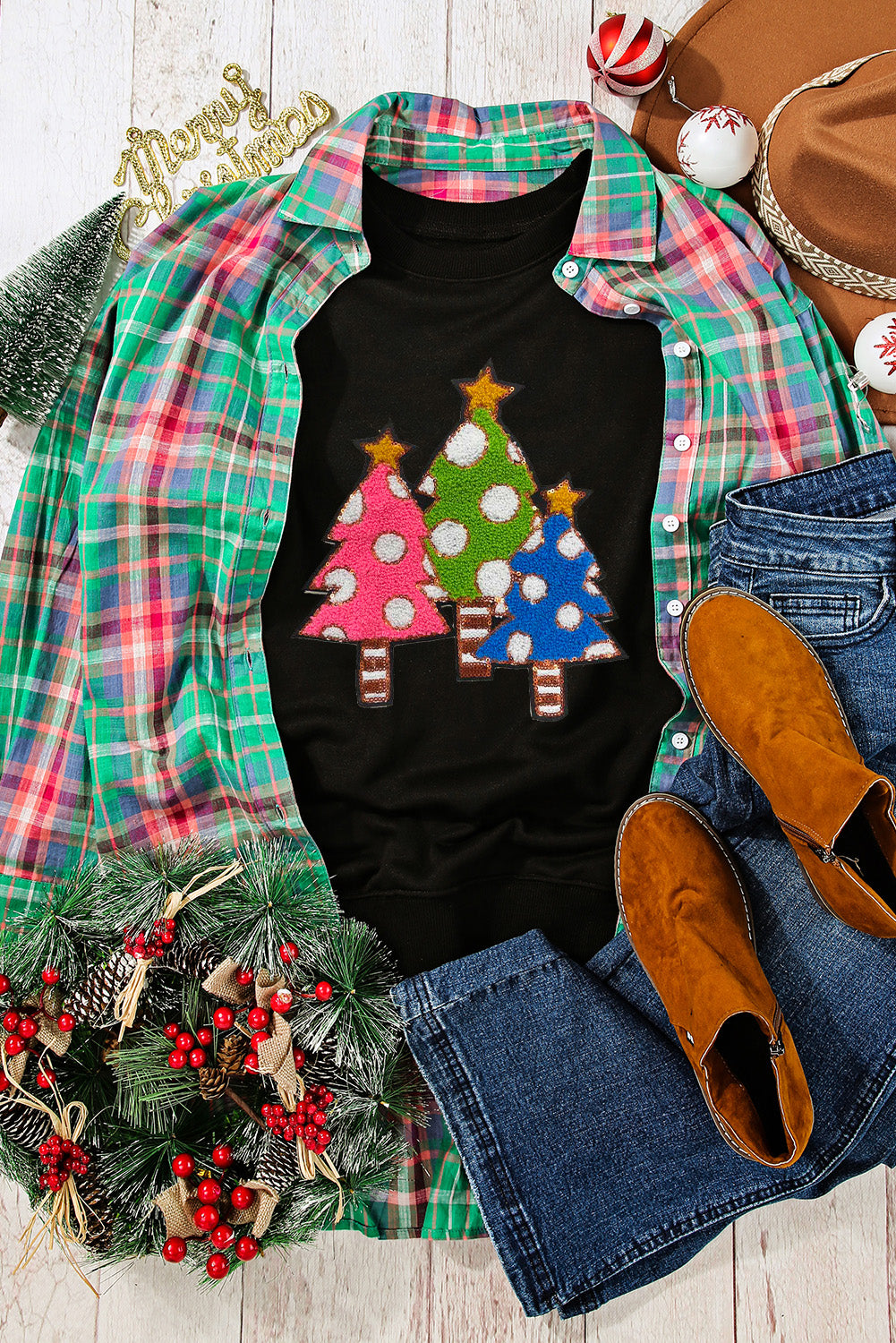 Black Sequined Christmas Tree Graphic Sweatshirt Black 70%Polyester+30%Cotton Graphic Sweatshirts JT's Designer Fashion