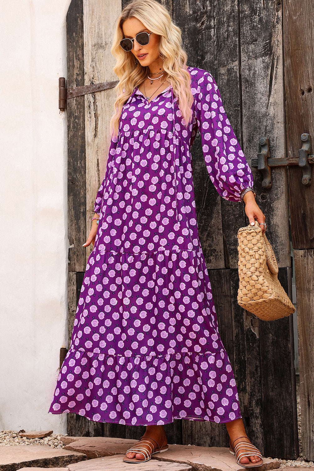 Purple Boho Printed Puff Sleeve Maxi Dress Dresses JT's Designer Fashion