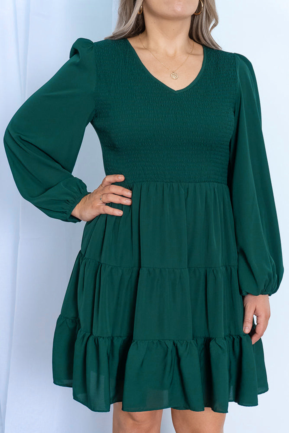 Green Plus Size Puff Sleeve Smocked Tiered Dress Green 100%Polyester Plus Size Dresses JT's Designer Fashion
