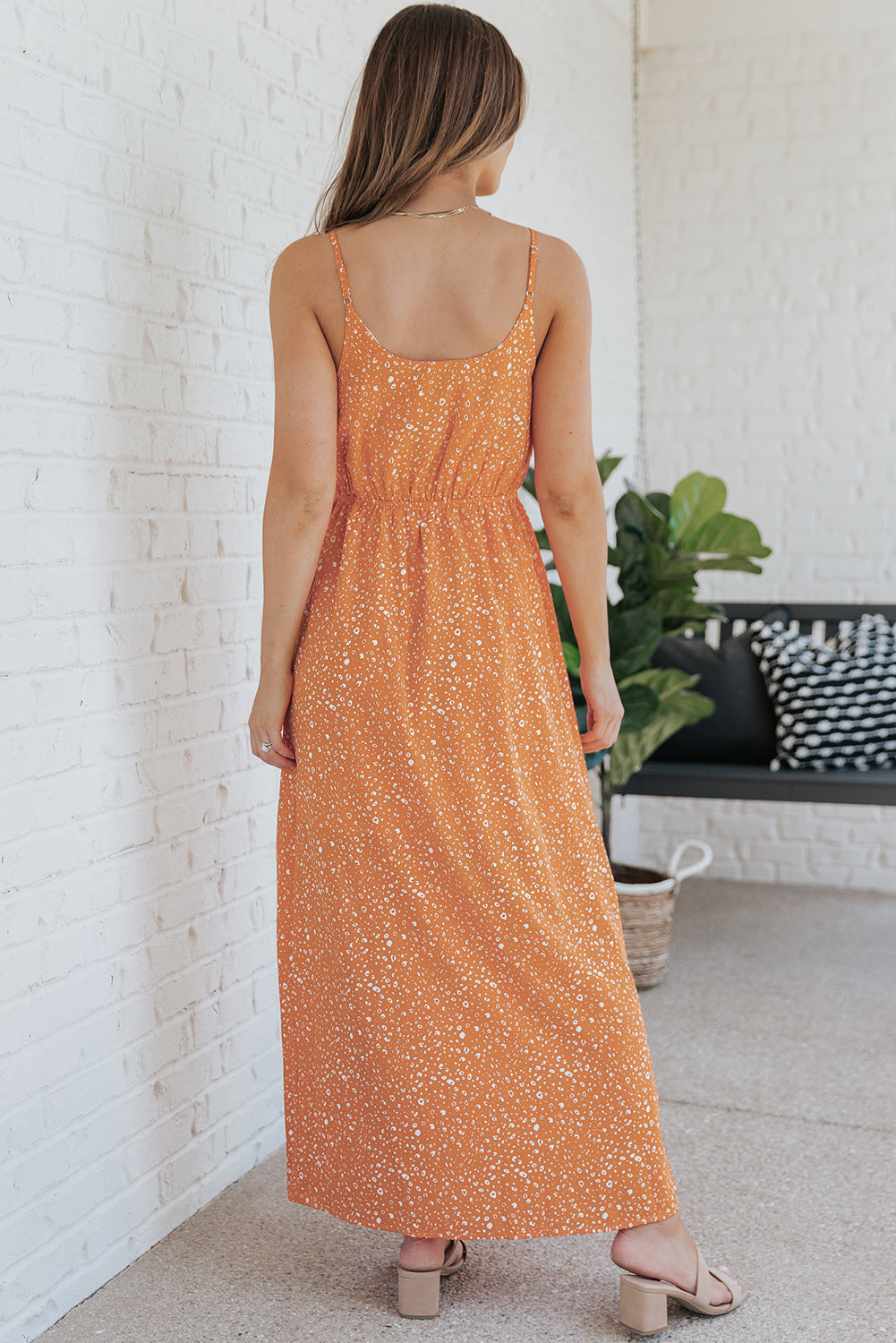 Orange Surplice Dotted Print Sleeveless Maxi Dress with Slit Maxi Dresses JT's Designer Fashion