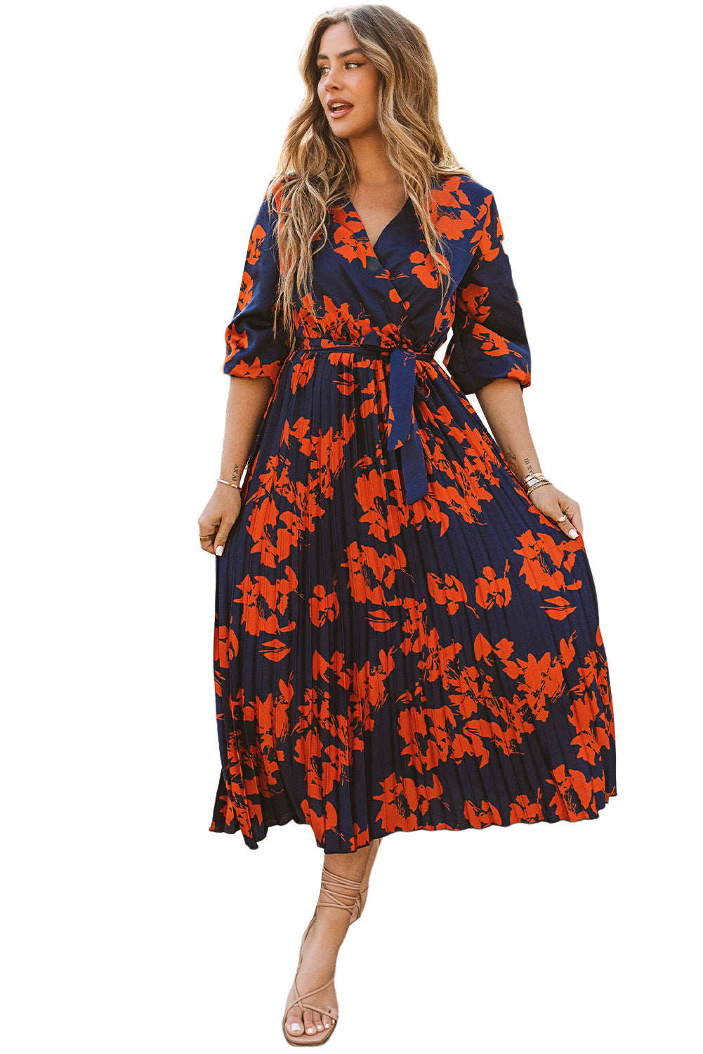Orange V Neck Wrap Pleated Maxi Floral Dress with Tie Floral Dresses JT's Designer Fashion