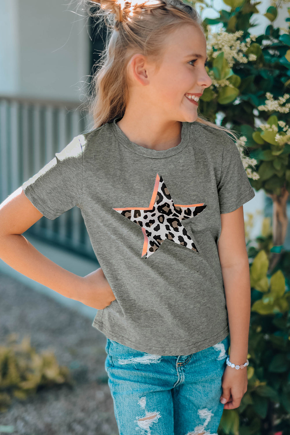 Gray Leopard Star Print Kid's Short Sleeve T-Shirt Family T-shirts JT's Designer Fashion
