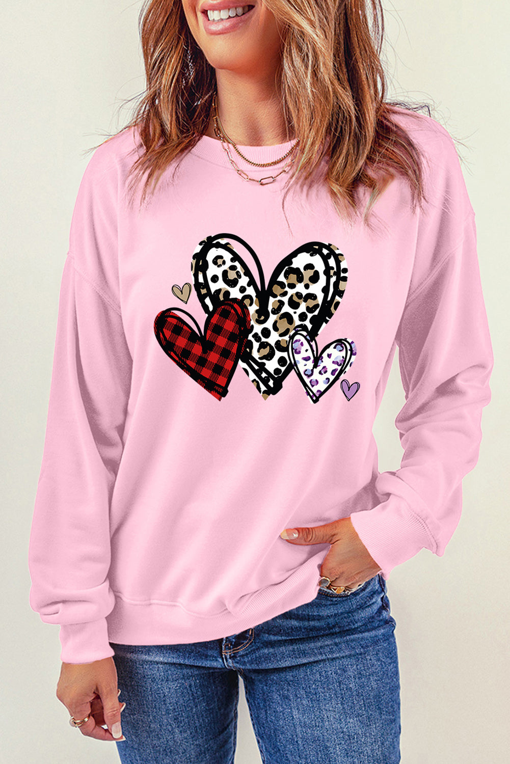 Pink Heart Shaped Plaid Leopard Print Crew Neck Sweatshirt Graphic Sweatshirts JT's Designer Fashion