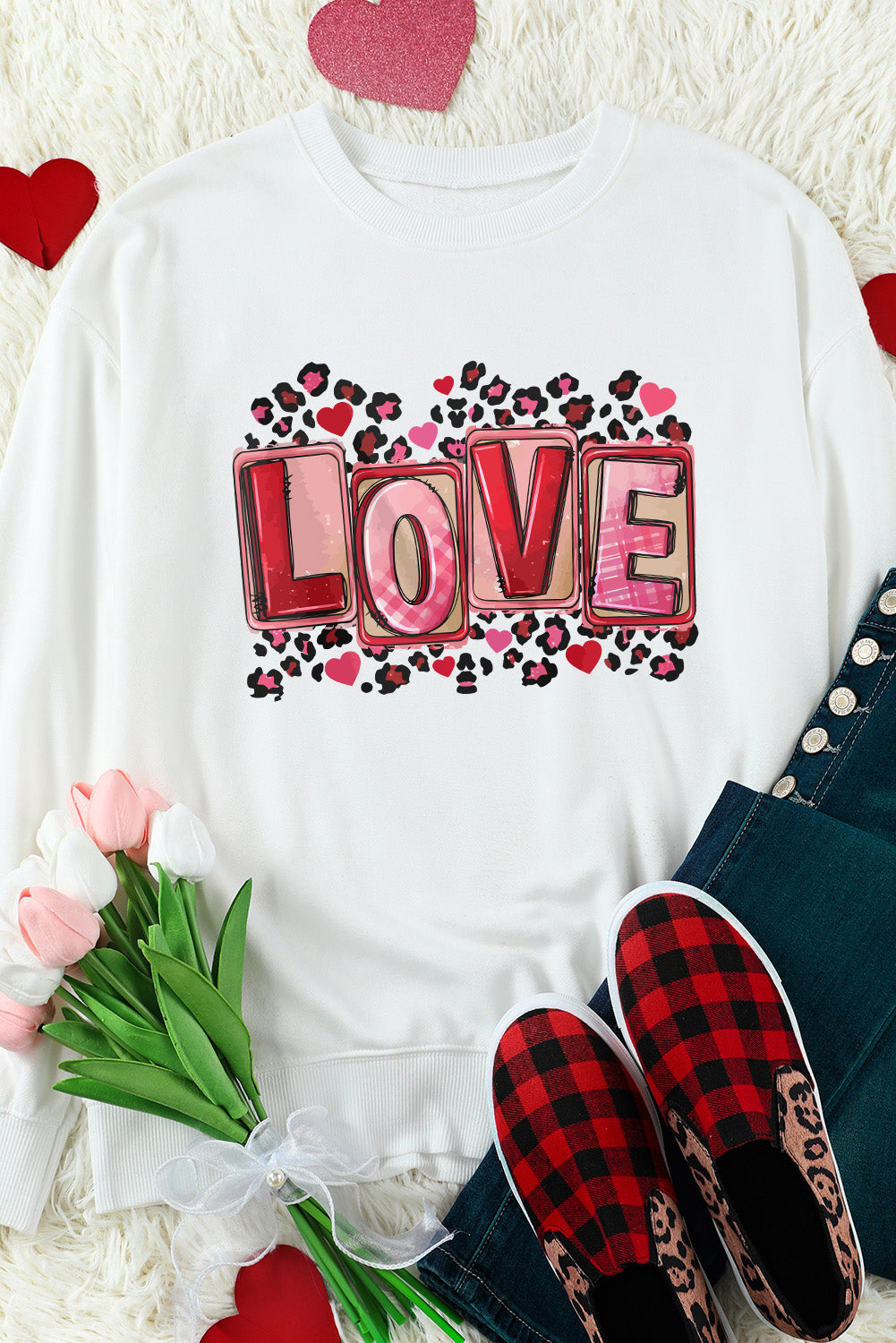Beige LOVE Leopard Graphic Crew Neck Sweatshirt Graphic Sweatshirts JT's Designer Fashion